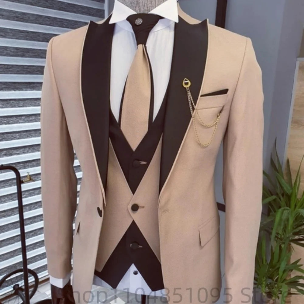 Solid Suits for Men Party Slim Wedding Tuxedos Fashion Mens Blazer Vest Pants 3 Pieces Foraml Business Suits Sets