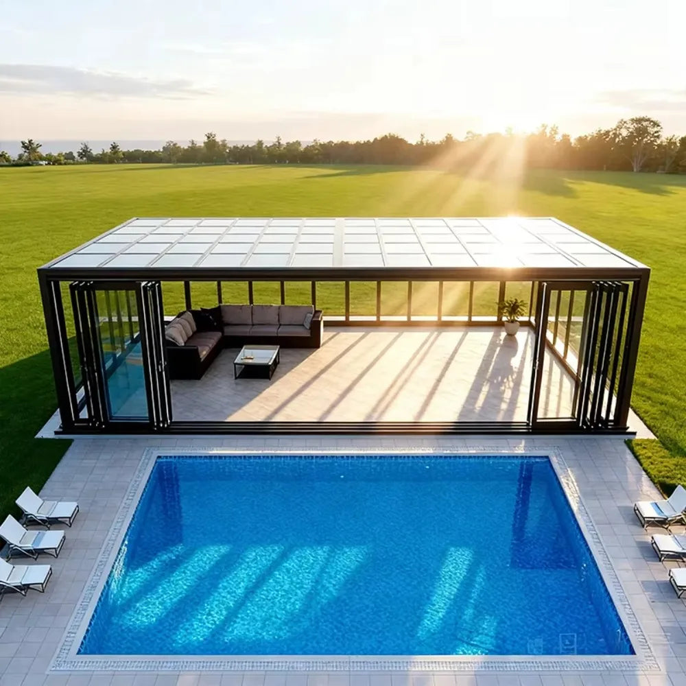 Movable Retractable Aluminum Glass Sunroom, Sliding Tempered Glass Solarium Pool Enclosure Outdoor Patio Garden Villa Sun Room