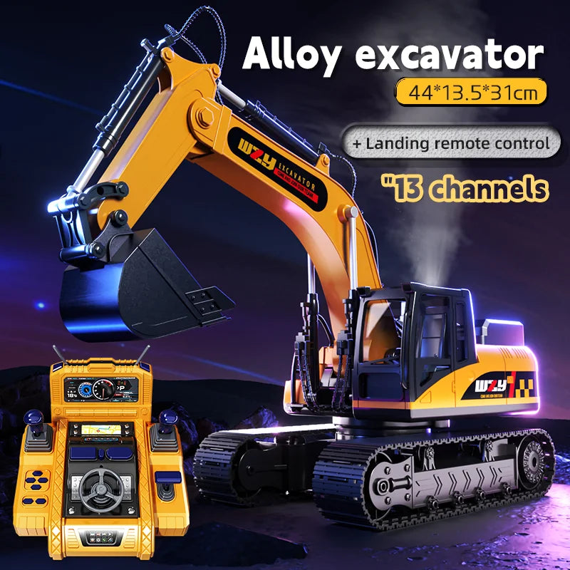 Large Alloy RC Excavator Remote Control Construction Vehicle with Operation Console, LED Light, 680° Rotation, Digger Truck Toy