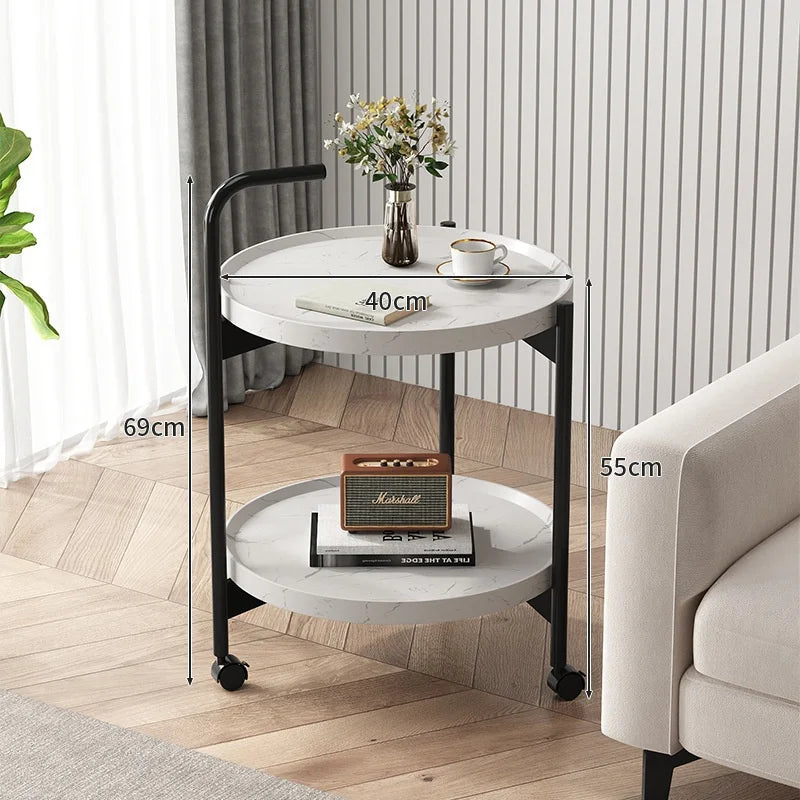 Nordic Style Rolling Side Table Multifunctional Double-Layer Coffee Table with Wheels Hardwood Side Table Movable Small Table