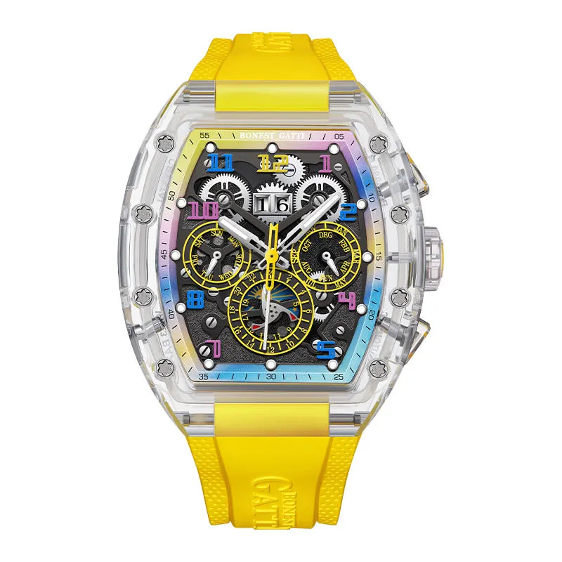 BONEST GATTI Men Automatic Watch Tonneau Mechanical Wristwatch Crystal Case Rubber Band Month Week Date Multi Dial Watches