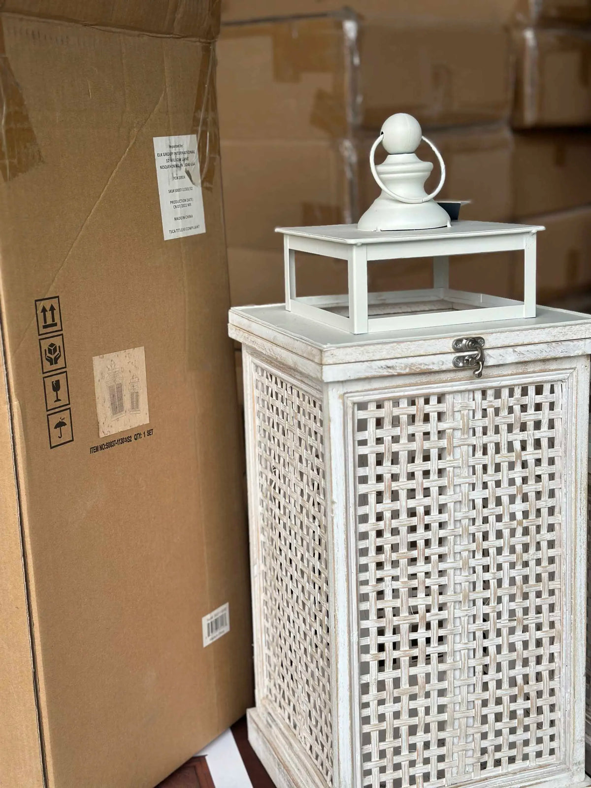 Rustic Wooden Lantern Set with Lattice Design, Distressed White Finish, Solid Wood and Bamboo Weave, 2 Piece Set, Large 25x25x62