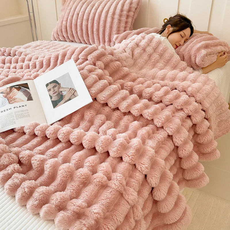 Thick Warm Wide Striped Flannel Blanket Solid Color Soft Fluffy Plush Throws for Sofa Bed Office Travel Multifunctional Blanket
