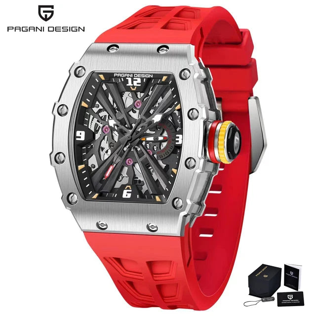 PAGANI DESIGN Men's Quartz Watch Tonneau Hollow Dial Luminous 50M Waterproof Sports Silicone Strap Luxury Watch Reloj Hombre