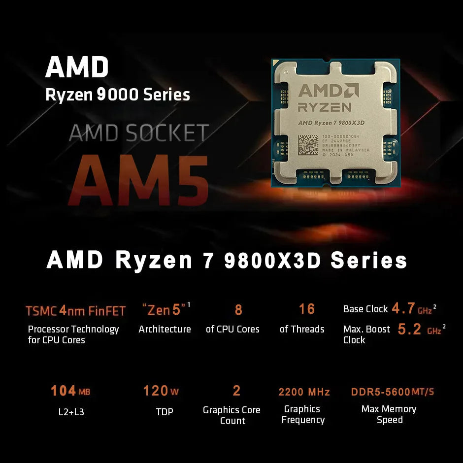 AMD Ryzen 7 9800X3D Gaming CPU - Next Gen 8C/16T up to 5.7GHz, 104MB+ Cache (3D V-Cache)Zen 5 Socket AM5 -No Cooler