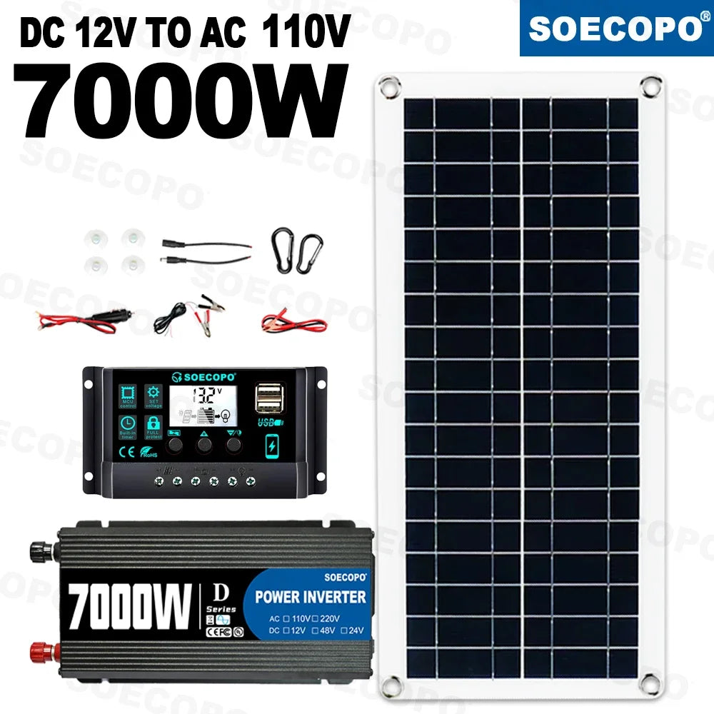 7000W Solar System Kit 12V To 110V/220V Off-Grid Inverter System 100A Controller 200W Panel for Home/Camping Backup CE FCC