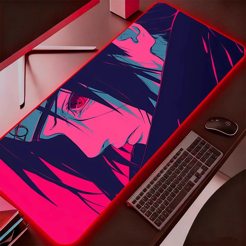 RGB Backlight Mouse Pad N-naruto Itachi Uchiha Anime Gabinete Gamer Computer LED Desk Mat Keyboard Gaming Accessories Mousepad