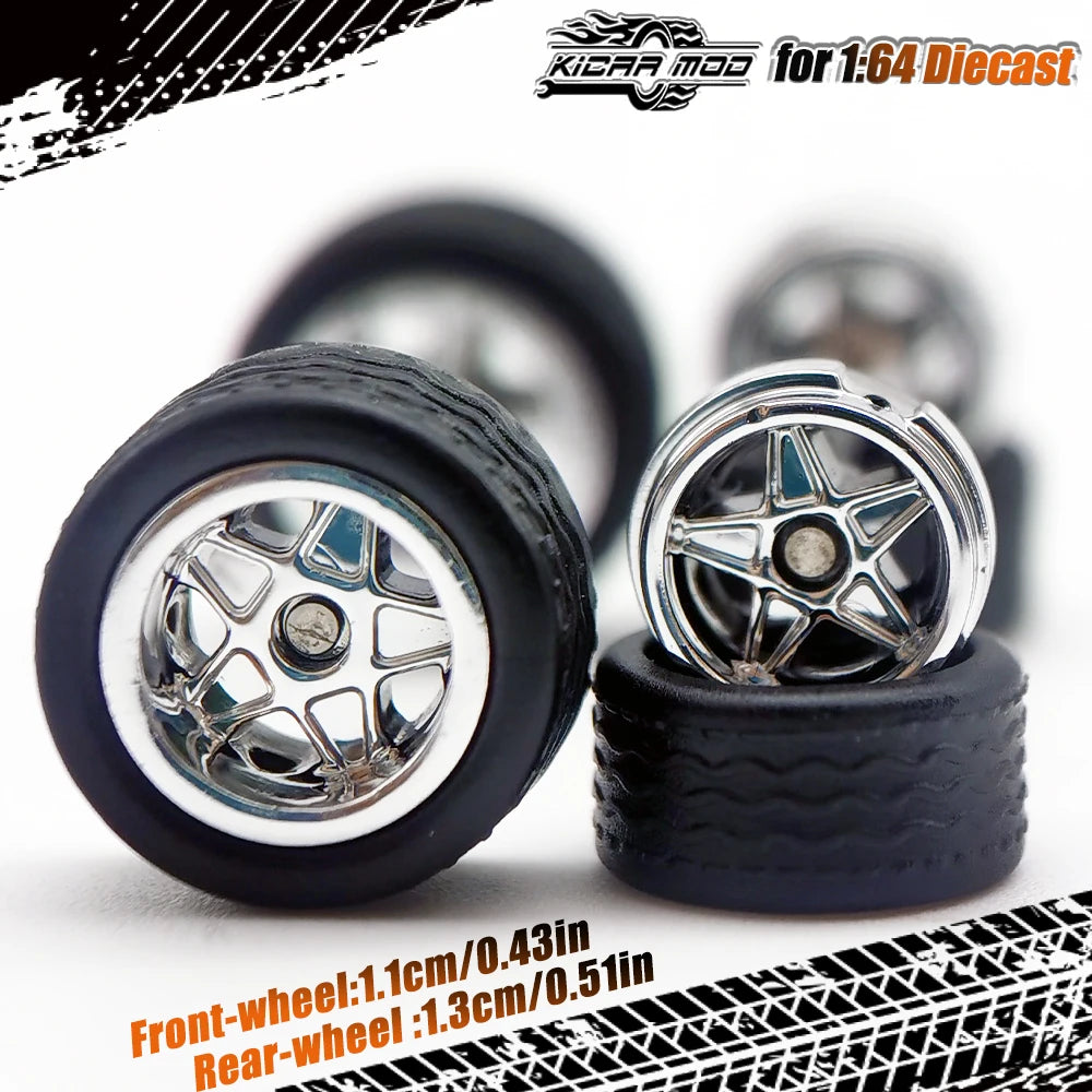 1/64 Model Car Wheels with Rubber Detachable Tires Pentagram Spoke Refitting Parts for Matchbox D:11mm+13mm 1 Set