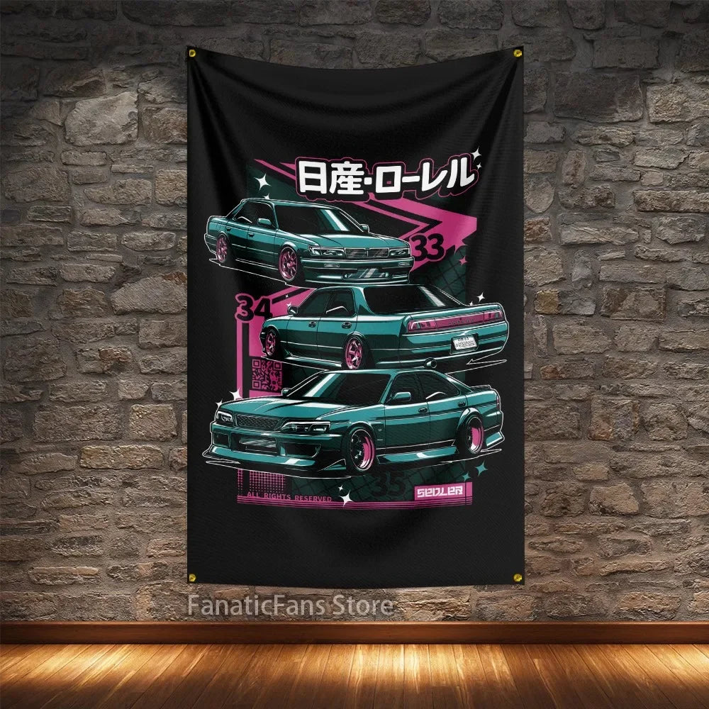 JDM Modified Racing Car Flagge Polyester Digital Printing Cars Banner For Decoration