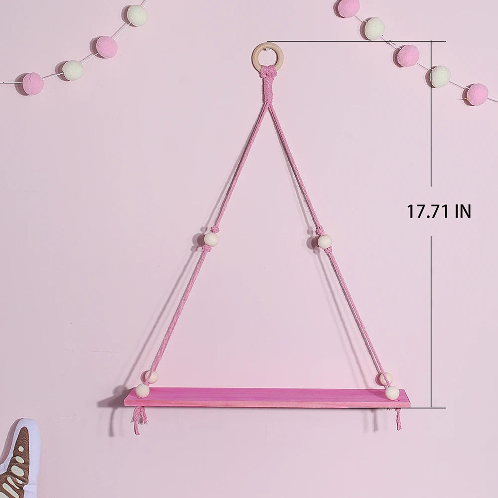 1/2-Tier Pink Hemp Rope Wooden Plant Flower Pot Tray Display Stand Storage Rack Wall Shelves Floating Wall Shelf Home Decoration