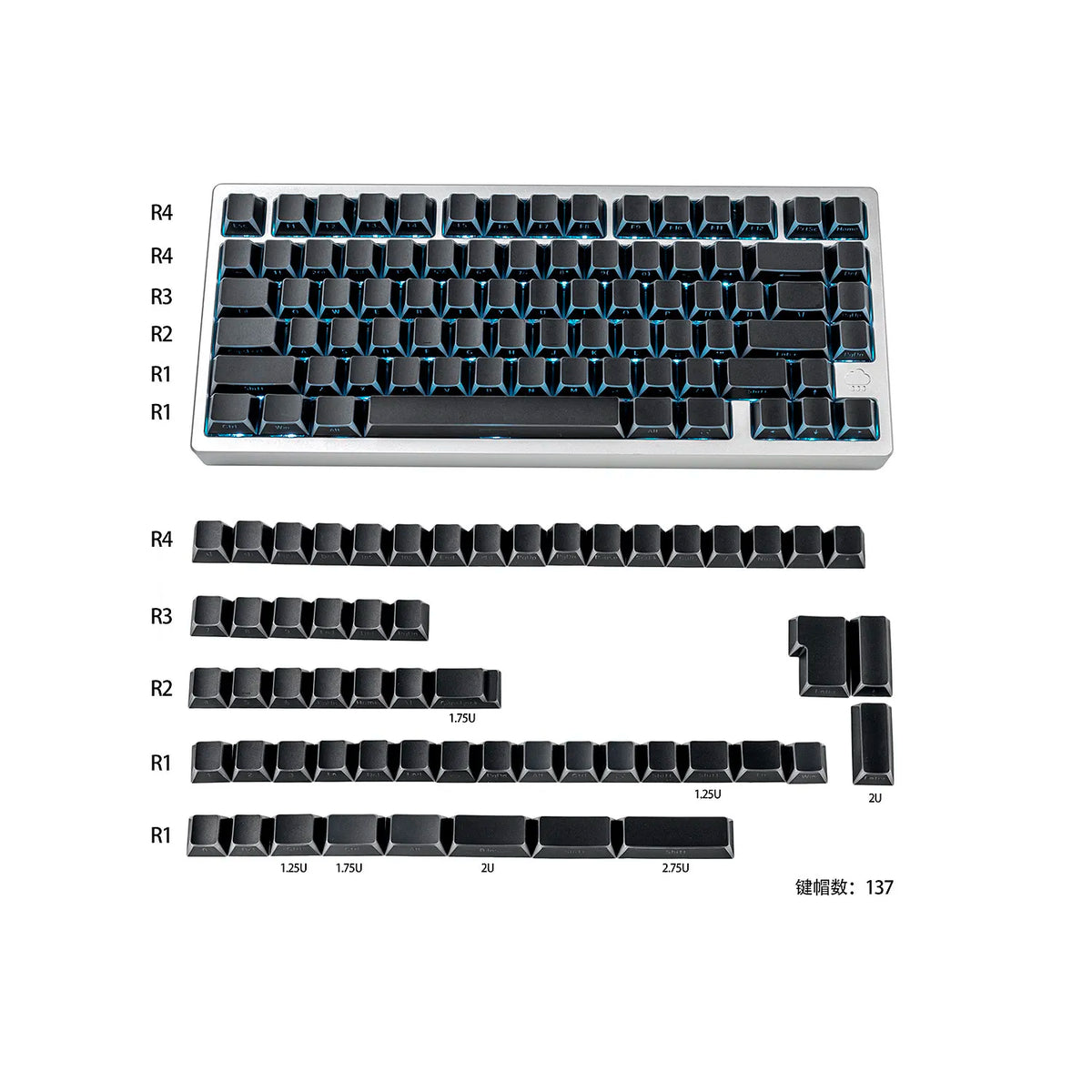 137 Keys Shadow Keycap Side Print Edge Backlit Keycaps Cherry Profile PBT Shine Through White Keycaps For MX Mechanical Keyboard