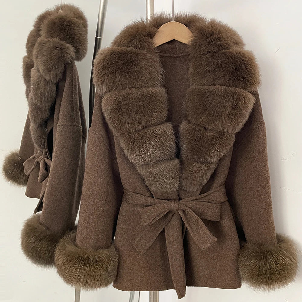 OFTBUY New Luxury Winter Clothes Outerwear Women Mid-Length 100% Wool Coat Real Fox Fur Collar Belted Wrap Woolen Jacket Female