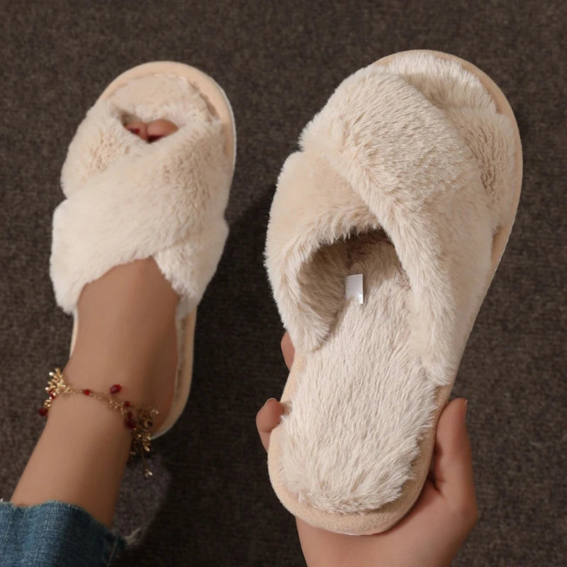Women Fluffy Furry Slippers Cross Warm Lightweight Flat Heels Non Slip Home Shoes Autumn Winter Open Toe Fur Slides