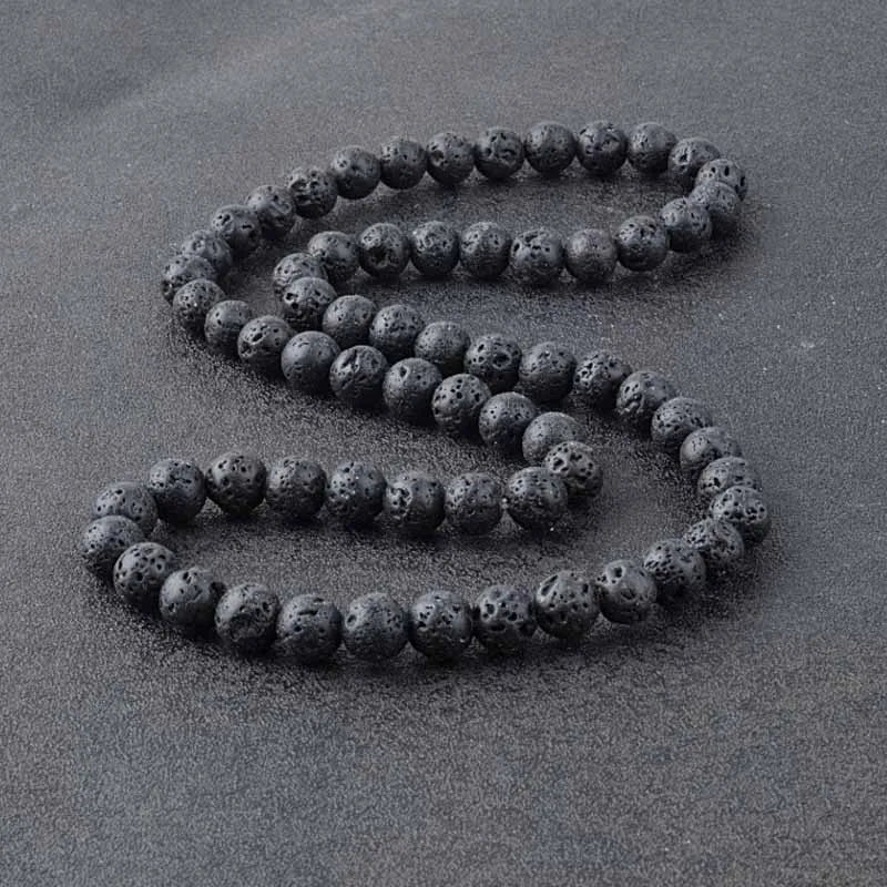 Fashion Vintage Beaded Choker Necklace Men Elastic Rope 8mm Natural Black Lava Stone Beads Necklace Simple Rock Jewelry