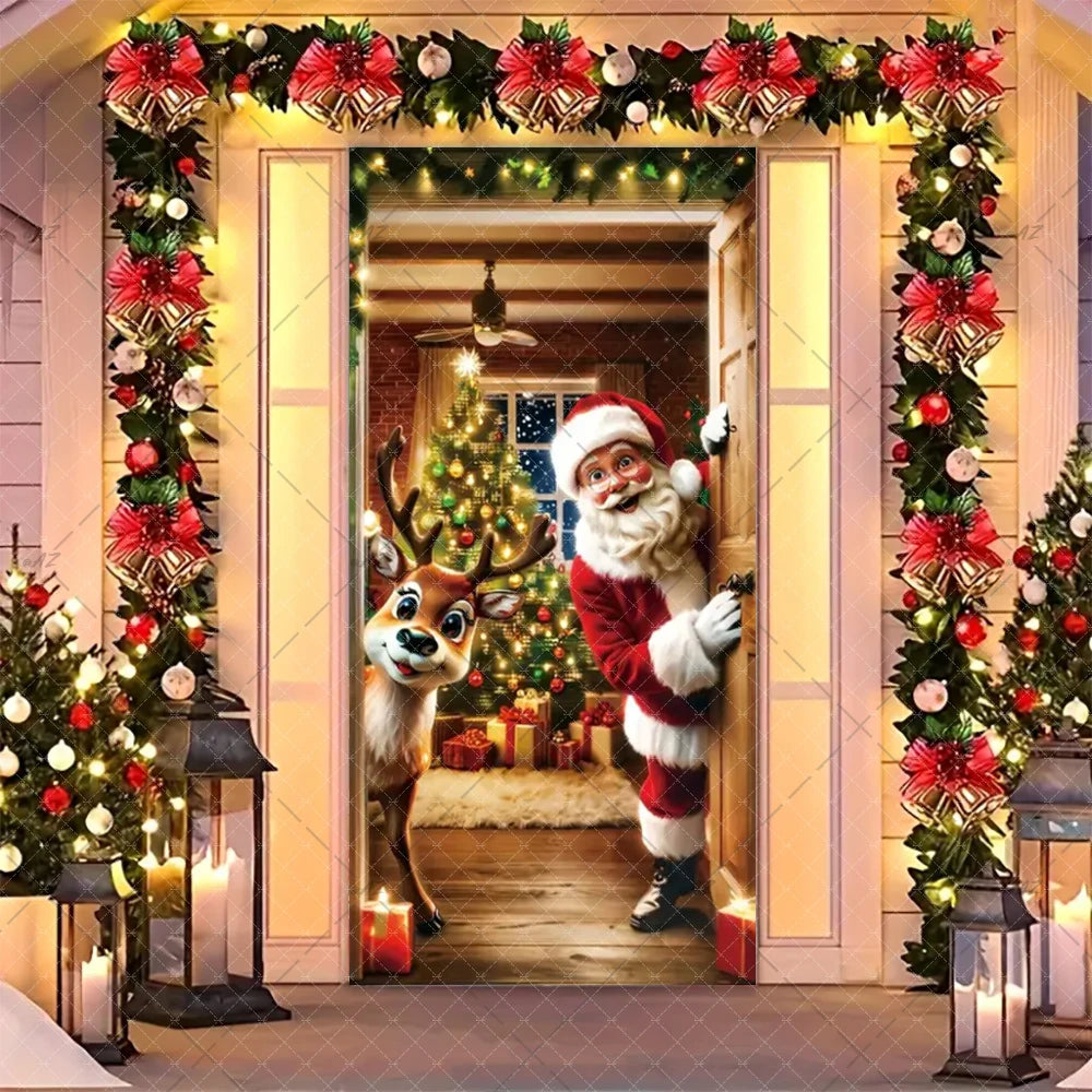 Christmas Humorous Santa Claus And Elk Door Banner Party Decorations Indoor Outdoor Veranda Door Cover Supplies Festive Gifts