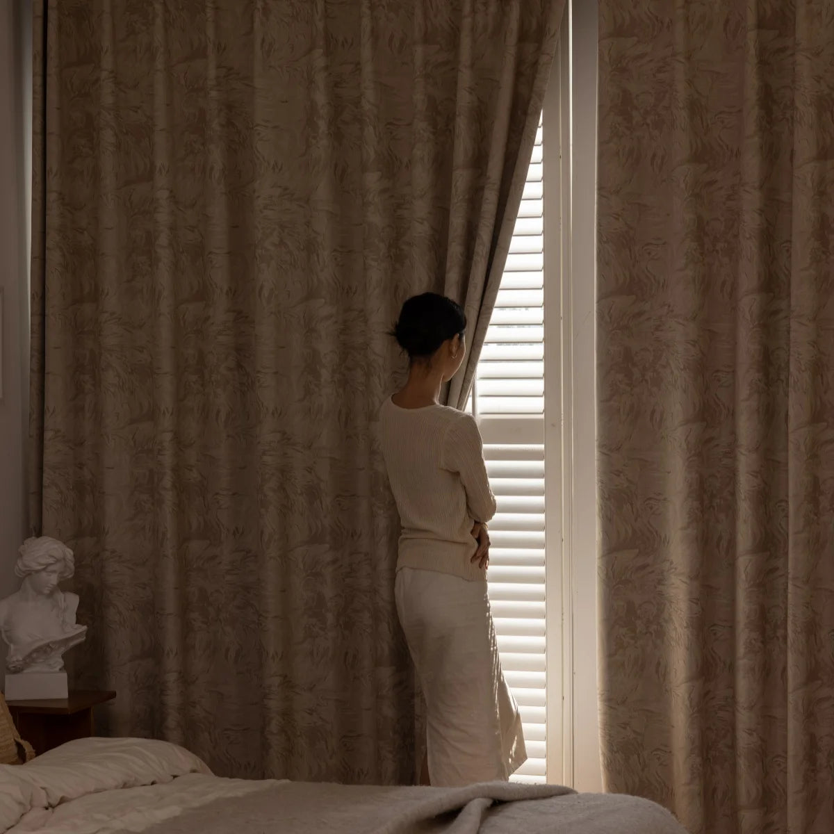 French Scandinavian Style Printed Bedroom Hooks, Perforated Curtains, Full Blackout Sun Protection Cloth