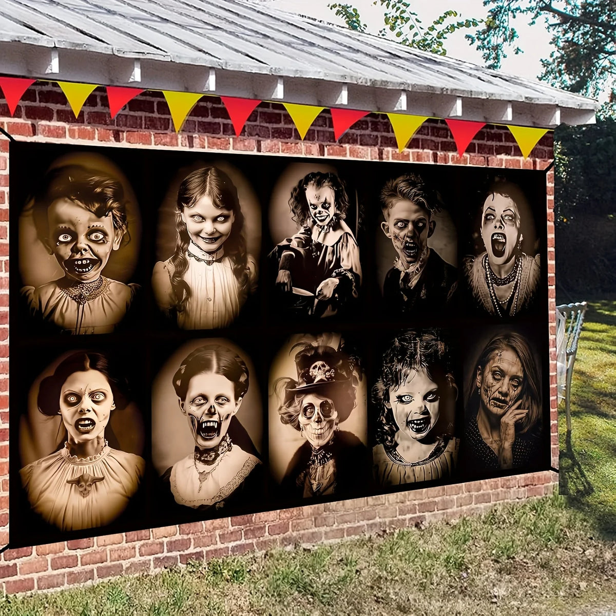 Halloween Gothic background cloth, 12 retro horror portrait and zombie makeup designs, polyester, suitable for event decoration