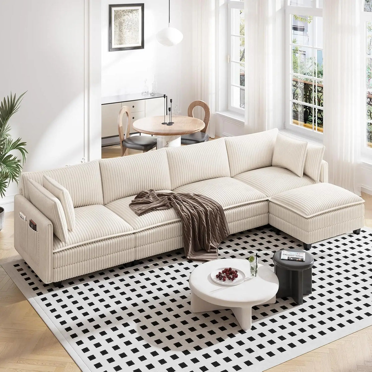 143" L Shape Modular Sectional Sofa Corduroy Upholstery Cloud Living Room 3 Seat Movable Ottoman Pillows Dark Grey Custom
