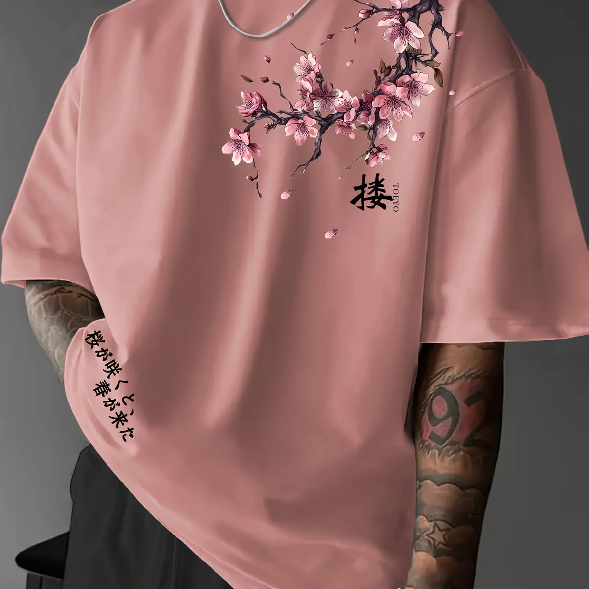 Summer Men's Printed T-Shirt with Japanese Cherry Blossom Branch Pattern 100% Cotton Loose Fit Outdoor Sports Streetwear