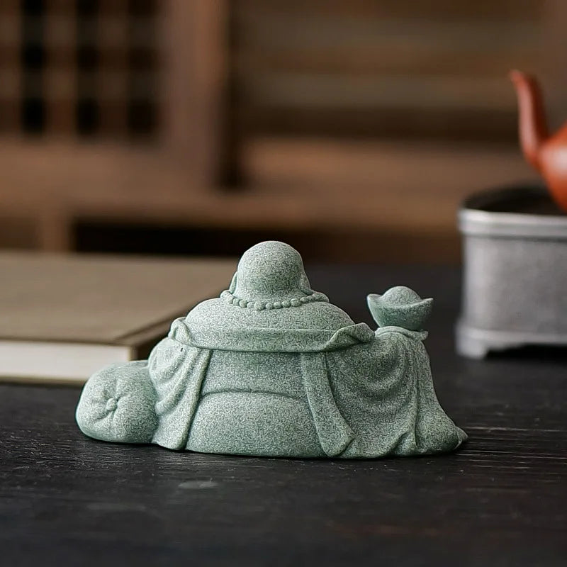 Green Sandstone Laughing Buddha Statue Chinese Buddhist Figures Zen Buddha Home Room Office Wealth Luck Feng Shui Decor