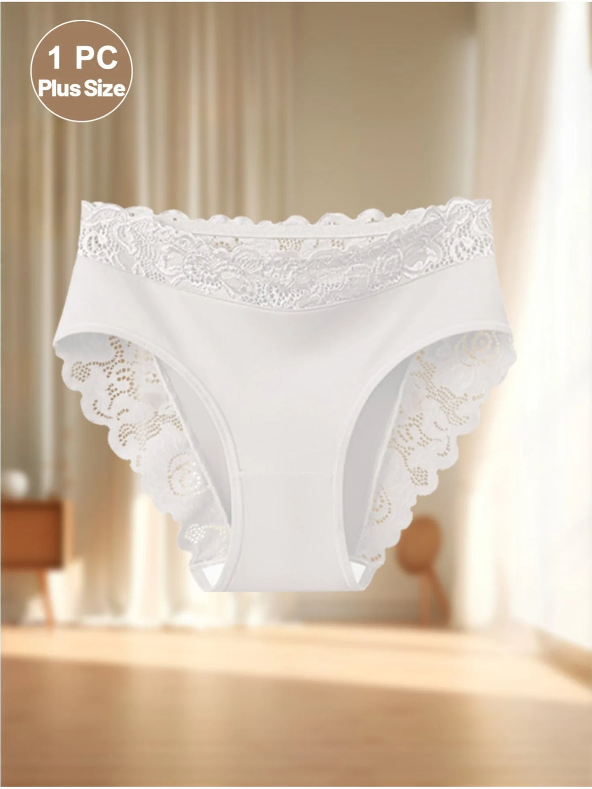 1‑Piece Women's Plus‑Size High‑Waisted Full‑Coverage Hip Briefs‑ Elegant Lace‑Spliced Panties with No Leg‑Binding Design