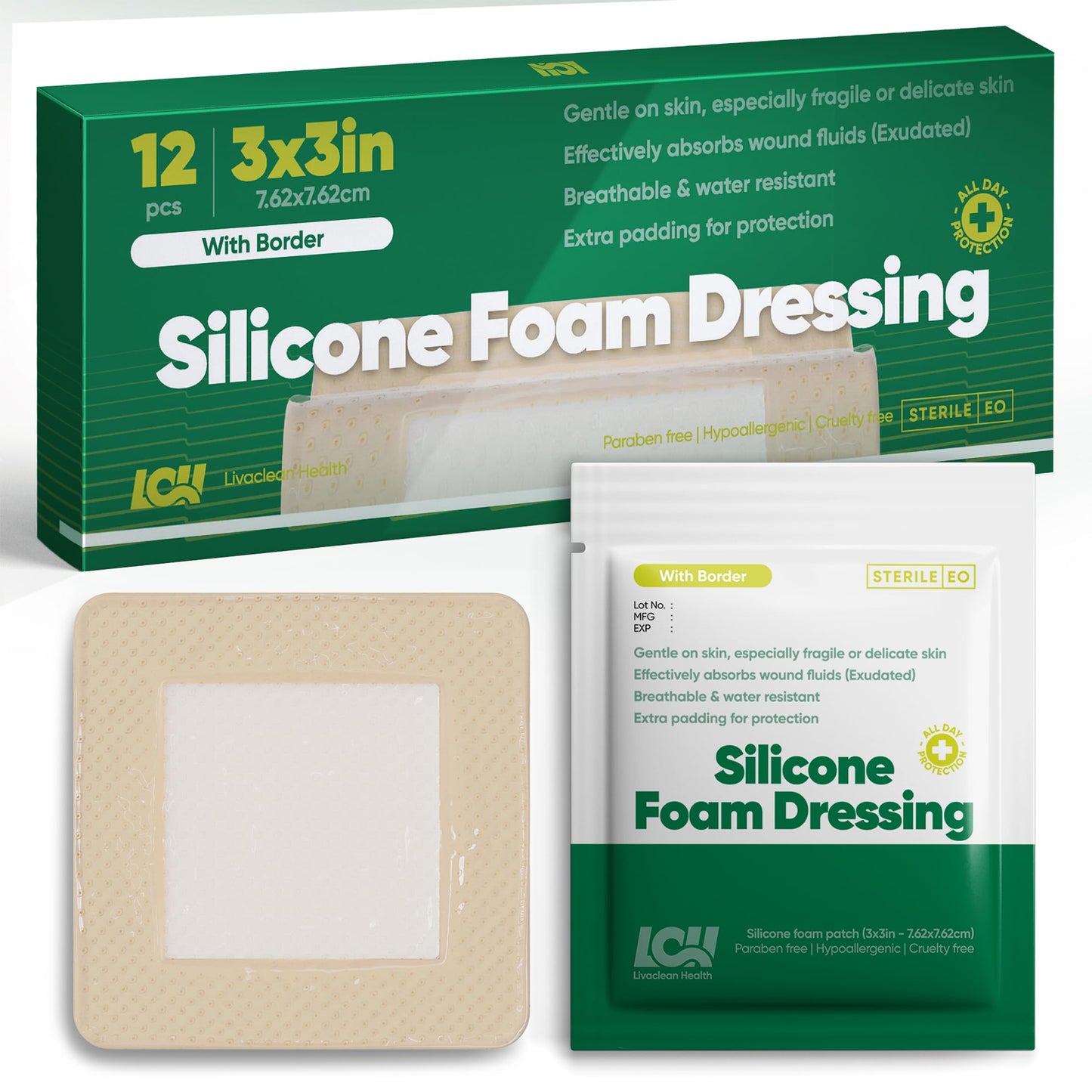 3" x 3" Silicone Foam Dressing by LivaClean Health (12 CT) - Sterile Bandages for Wound Foam Wound Dressing Bed Sore Bandages Silicone Bandage Injury Care Dressings Large Bandage for Wounds