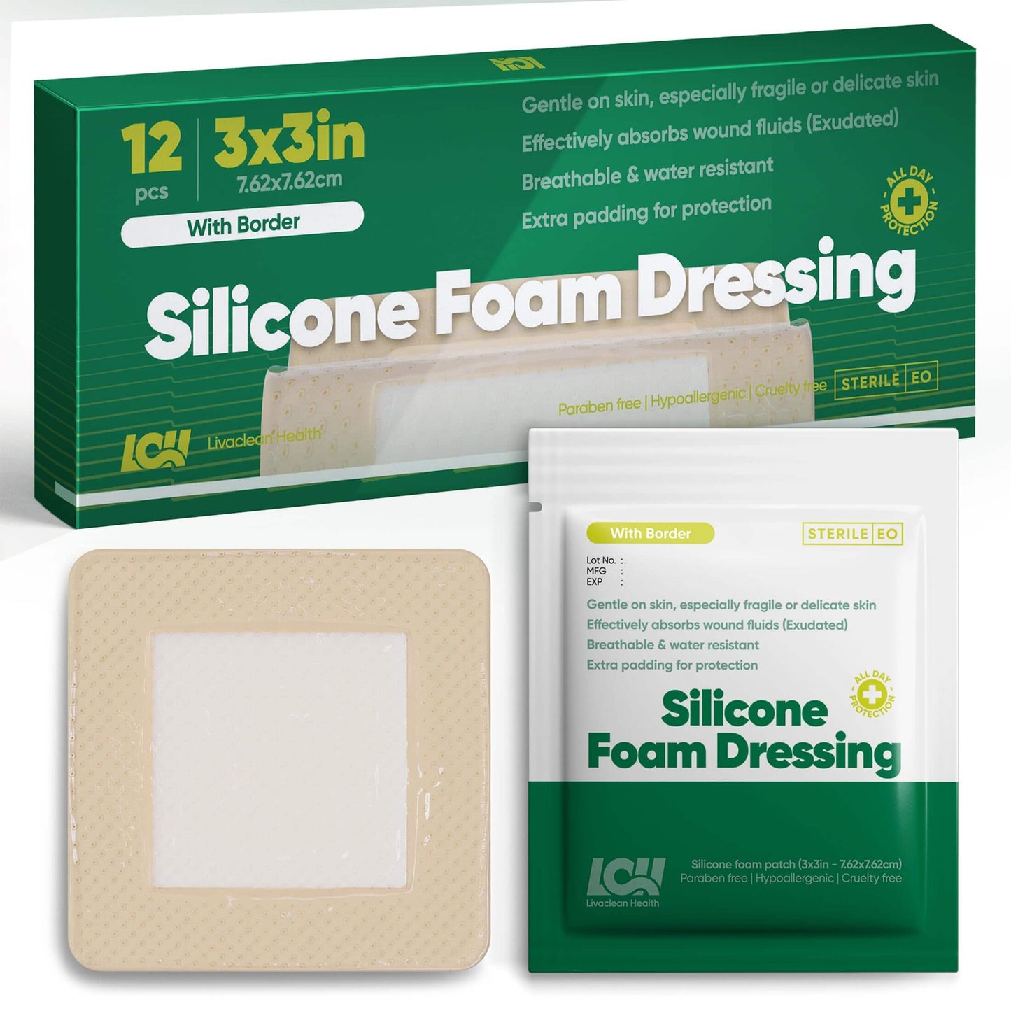 3" x 3" Silicone Foam Dressing by LivaClean Health (12 CT) - Sterile Bandages for Wound Foam Wound Dressing Bed Sore Bandages Silicone Bandage Injury Care Dressings Large Bandage for Wounds