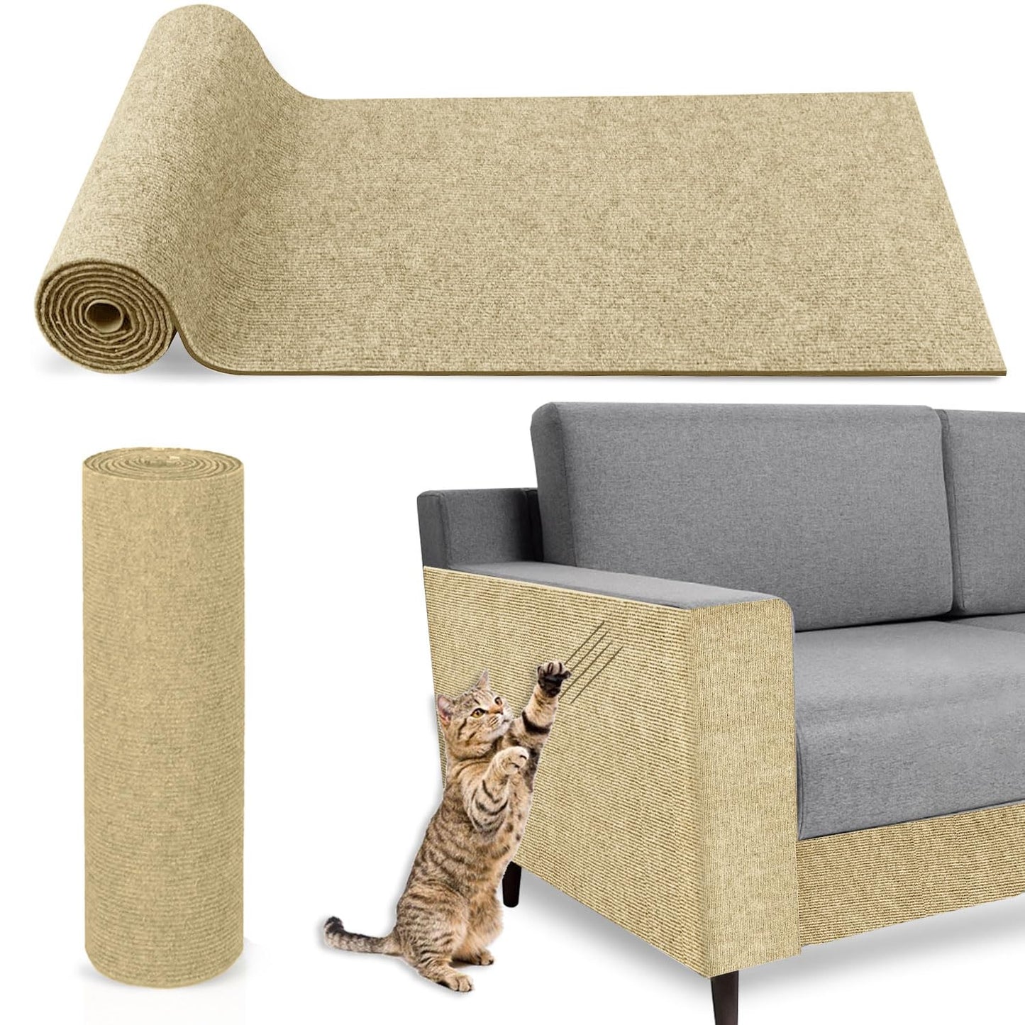 118.11"x15.8" Cat Scratch Mat DIY Trimmable Self-Adhesive Cat Scratch Carpet Wall Scratchers for Indoor Cats Climb Couch Corner Furniture Protector Fabric Scratch Pad for Cats (Beige)