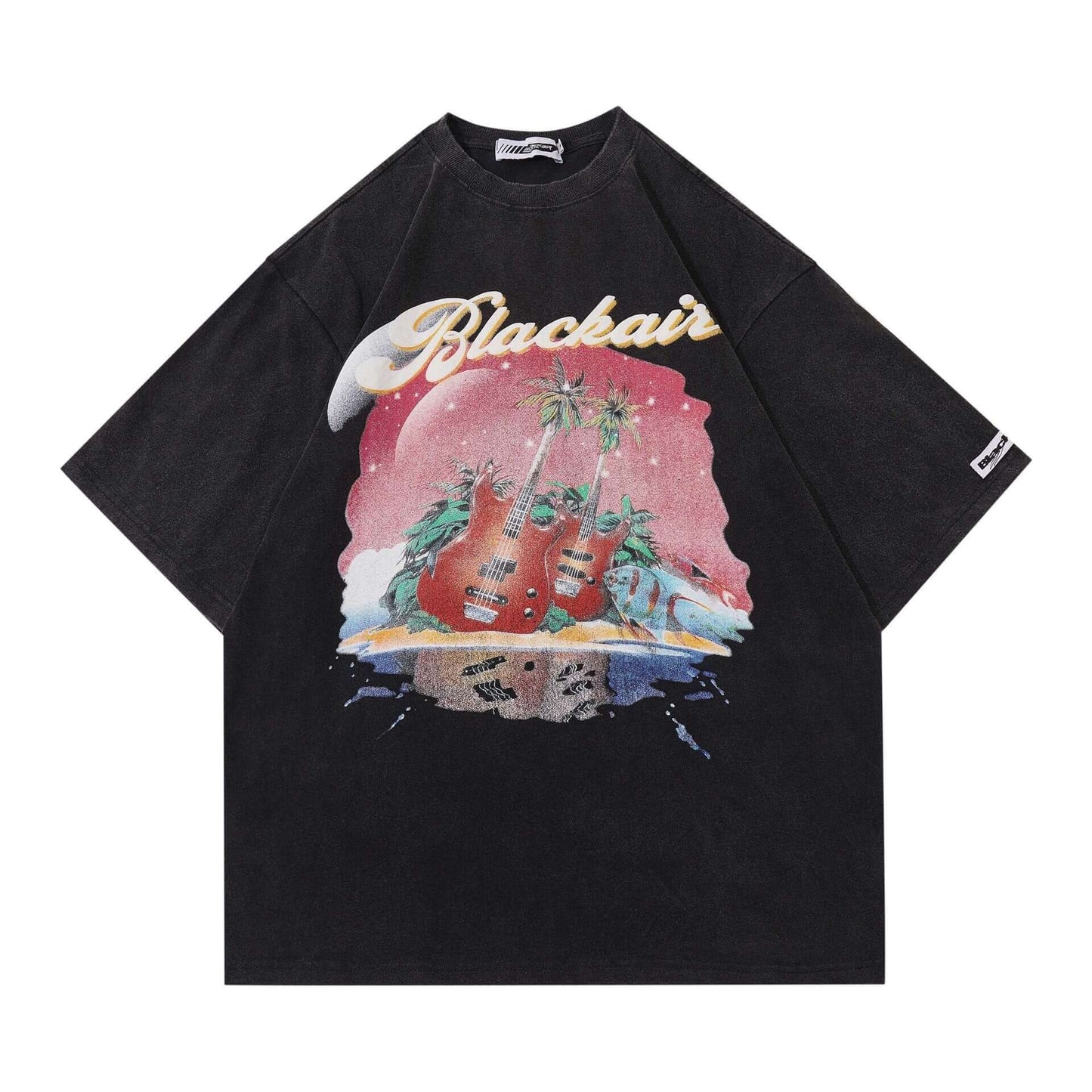 Retro Washed Distressed Rock Guitar Casual Tee