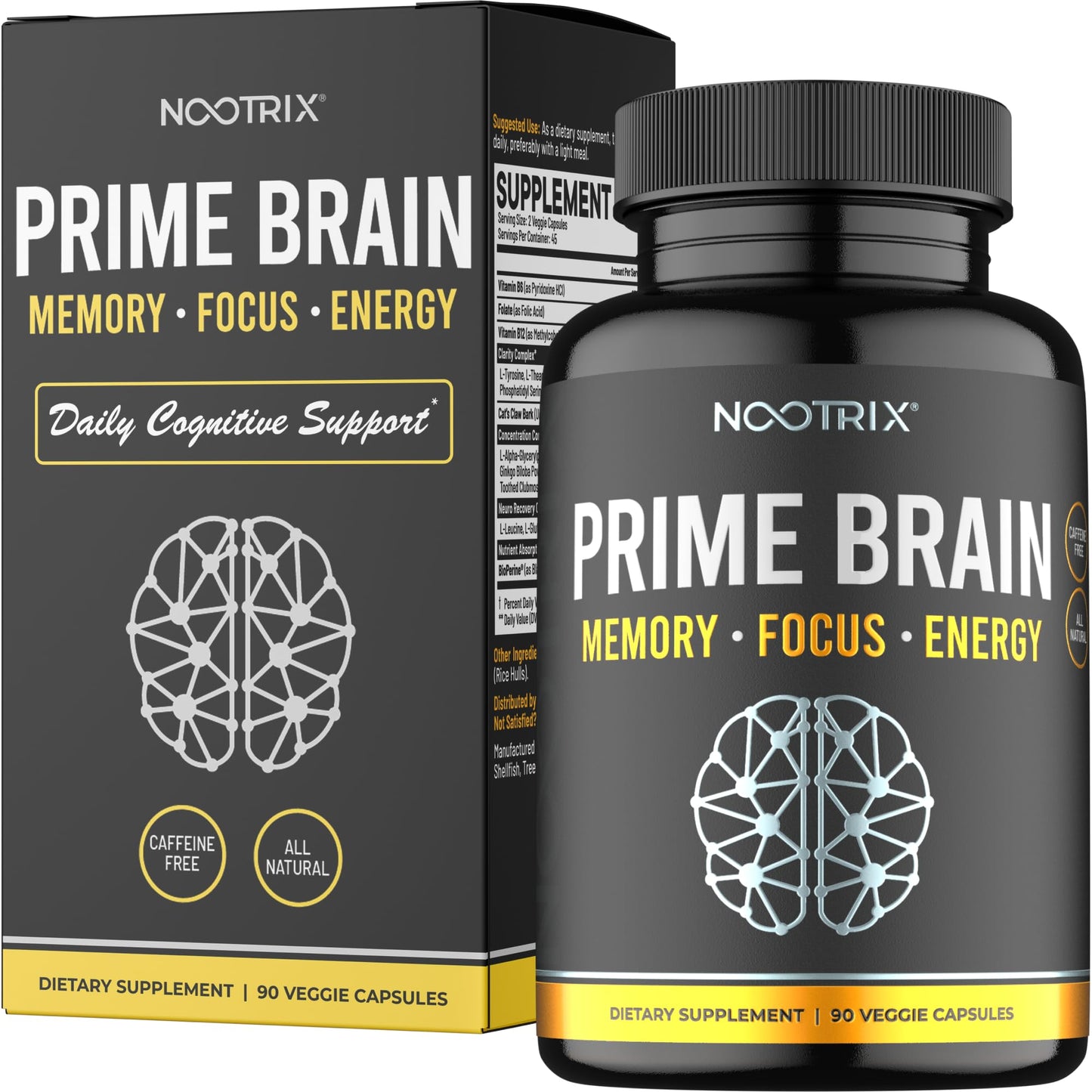 Prime Brain Nootropic Brain Supplement for Men & Women | Memory Mental Clarity & Cognitive Improvement | Promotes Healthy Energy & Mood | Ginkgo Biloba Lions Mane L Theanine | 90 Count