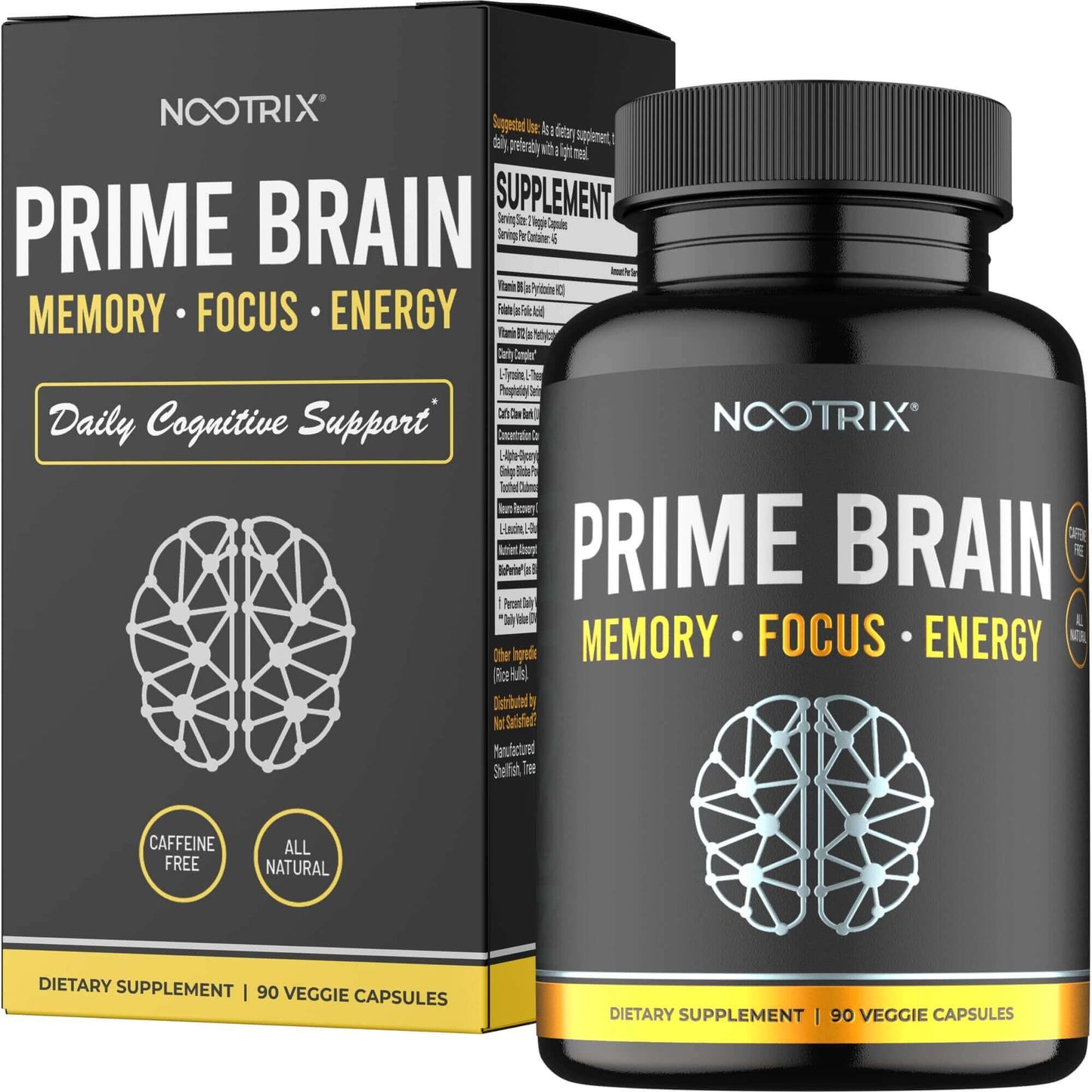 Prime Brain Nootropic Brain Supplement for Men & Women | Memory Mental Clarity & Cognitive Improvement | Promotes Healthy Energy & Mood | Ginkgo Biloba Lions Mane L Theanine | 90 Count