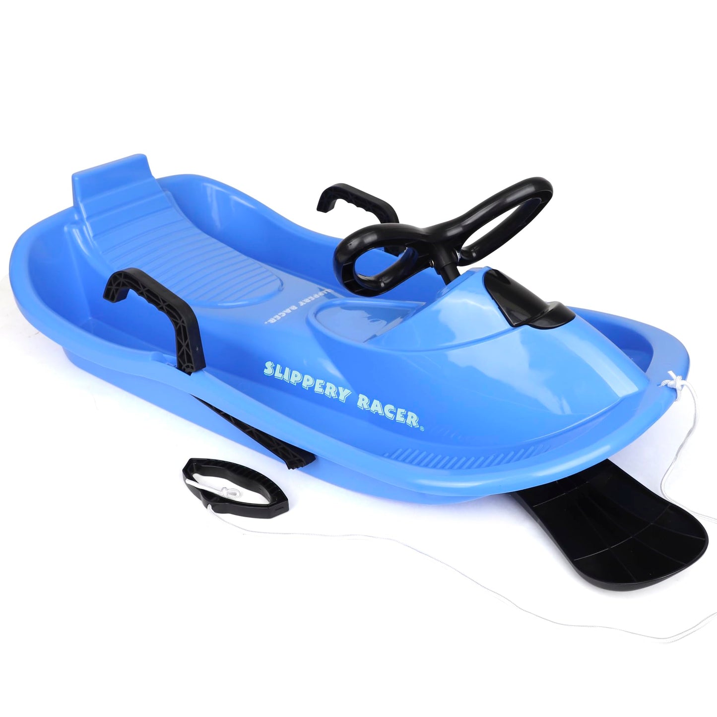 Slippery Racer Downhill Derby Flexible Plastic Toboggan Steerable Plastic Snow Sled with Built-In Brakes and Steering Wheel Blue