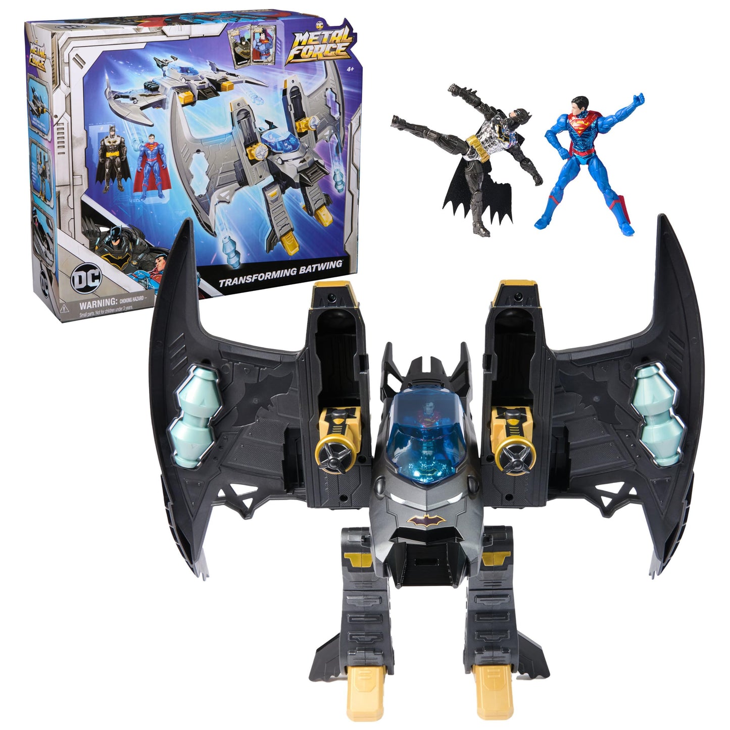 DC Comics Metal Force Transforming Batwing 2-in-1 Playset Includes Batman and Superman Figures with Projectiles and Character Cards Kids Toy for Boys and Girls Ages 4+