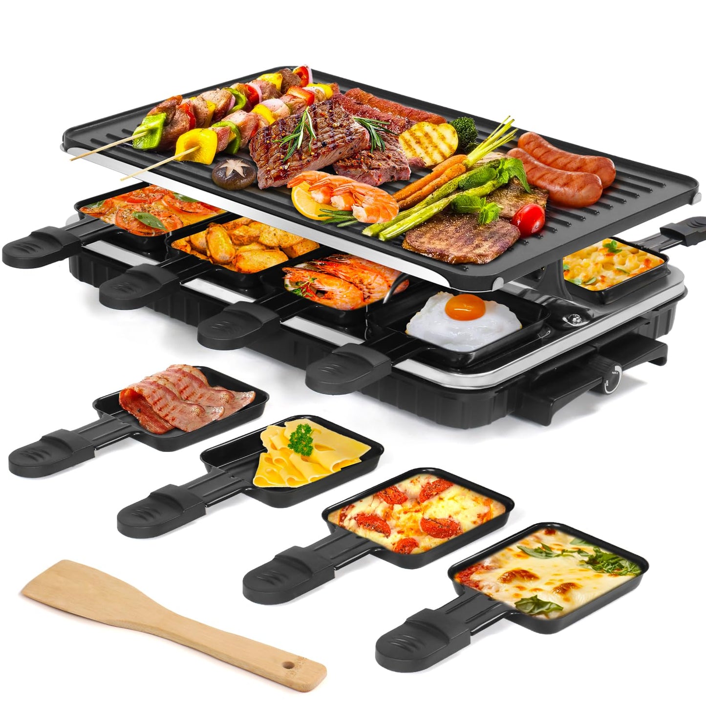 Raclette Table Grill Indoor Grill Korean BBQ Grill Electric Griddle 2 in 1 Electric Griddle Nonstick with 8 Raclette Cheese Pans Adjustable Temperature Control 1300W Ideal for Family and Party Fun