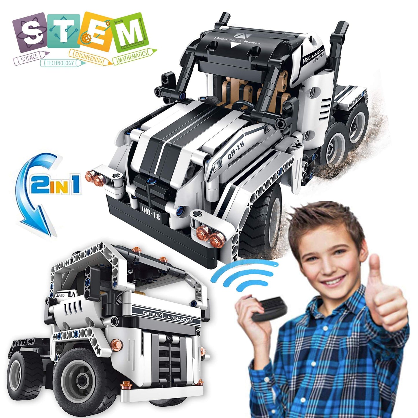 Remote control truck building kit for boys featuring a 2 in 1 semi-truck design, perfect for STEM fun and learning.
