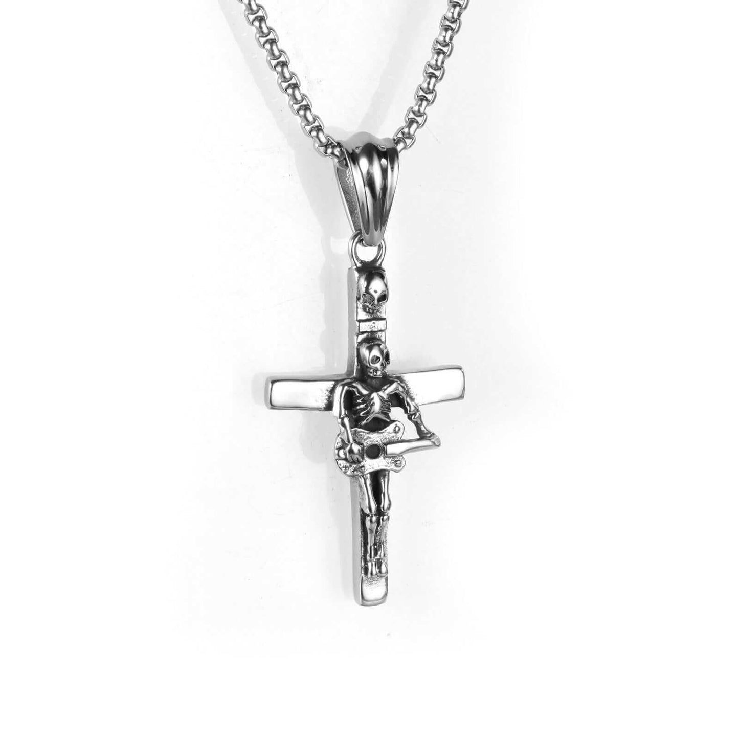 Men Punk Skull Guitar Cross Pendant Necklace Gift stainless steel