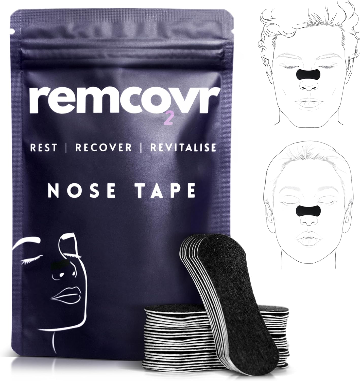 Remcovrs Nasal Strips for Breathing - 30 Nose Breathing Strips for Enhanced Oxygen Intake - Strong Adhesive Nasal Strips for Snoring - Breathing Nose Strips - 1 Month Supply - Nose Strips for Breathing