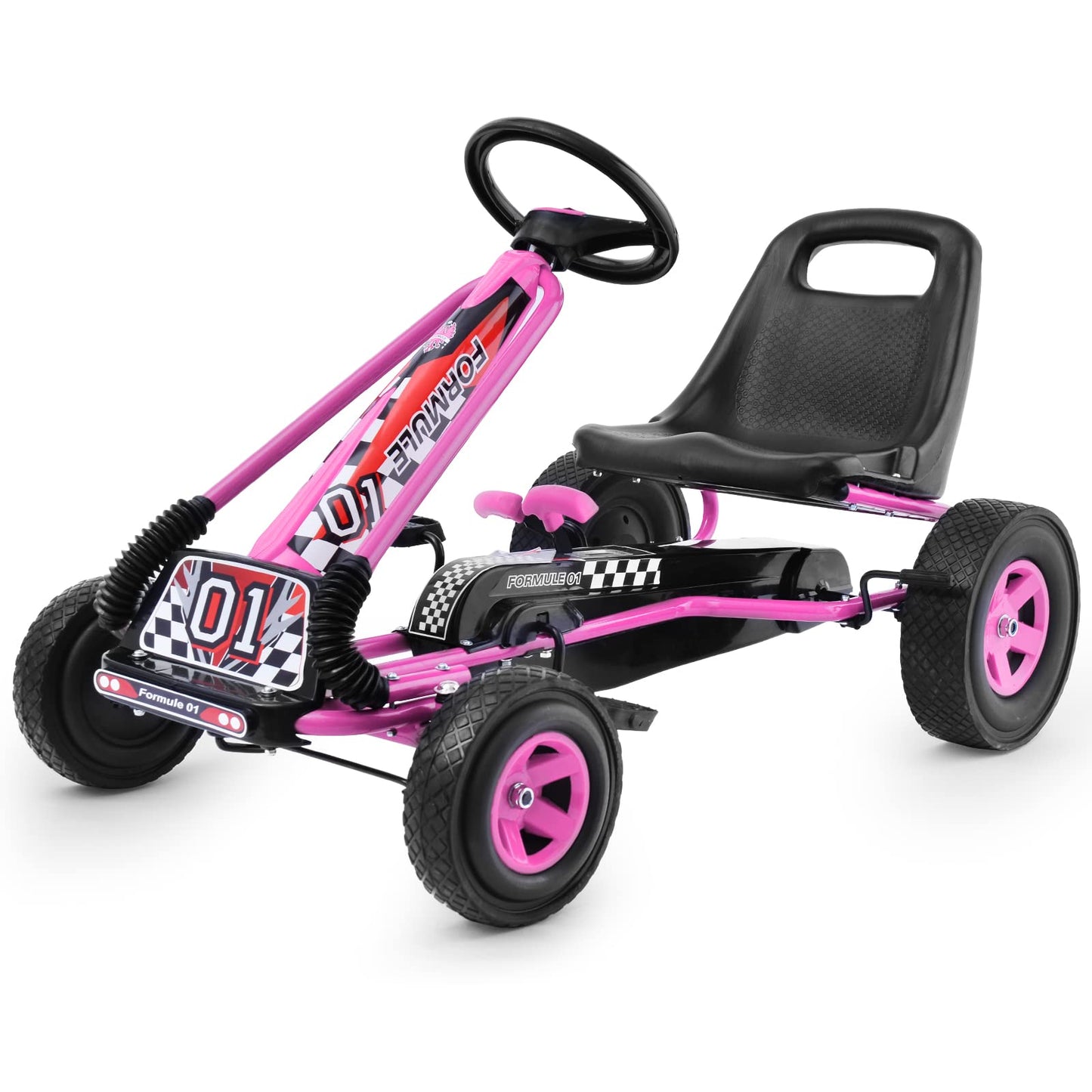 Costzon Go Kart for Kids 4 Wheel Off-Road Pedal Go Cart w/Adjustable Seat Steering Wheel 2 Safety Brakes EVA Rubber Tires Ride-On Toys for Boys & Girls Outdoor Racer Ride On Pedal Car (Pink)