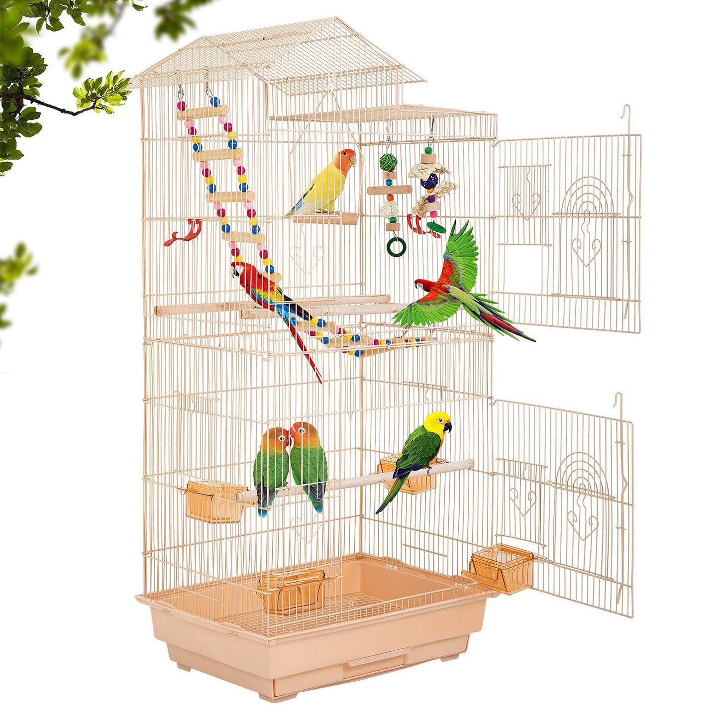 BestPet 39 inch Roof Top Large Flight Parrot Bird Cage Accessories Medium Roof Top Large Flight cage Parakeet cage for Small Cockatiel Canary Parakeet Sun Parakeet Pet Toy (Almond)