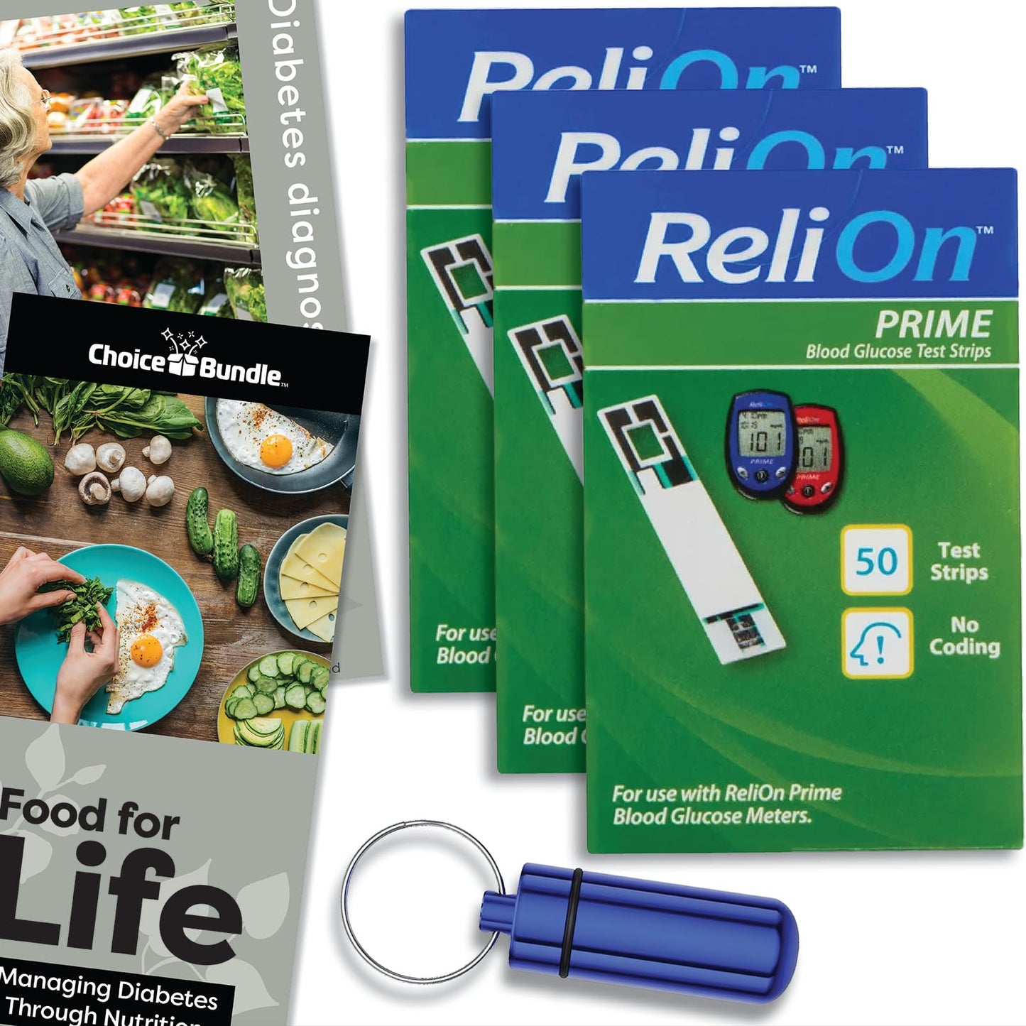 ReliOn Reli On Prime Blood Glucose Test Strips 50 Ct 3 pk Choice Bundle (150 Total) I Includes Food for Life Guide & Portable Pill Container (5 Items)!