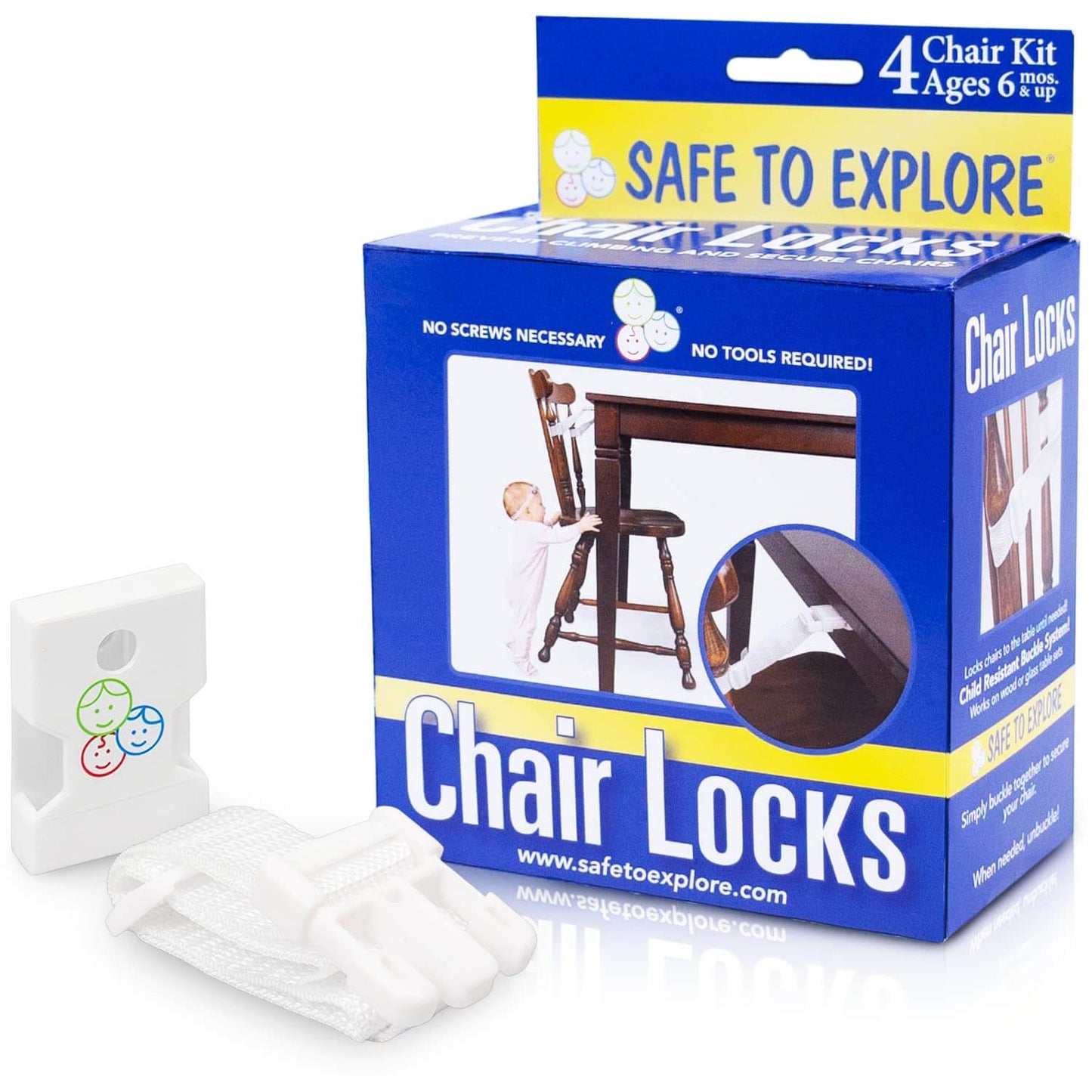 Safe to Explore Child Safety Chair Lock Set with 3M Double-Sided Tape for Child Proofing Kitchen Dining Room and More | Set of 4 Adjustable Chair Locks Prevent Climbing Tipping and Injury