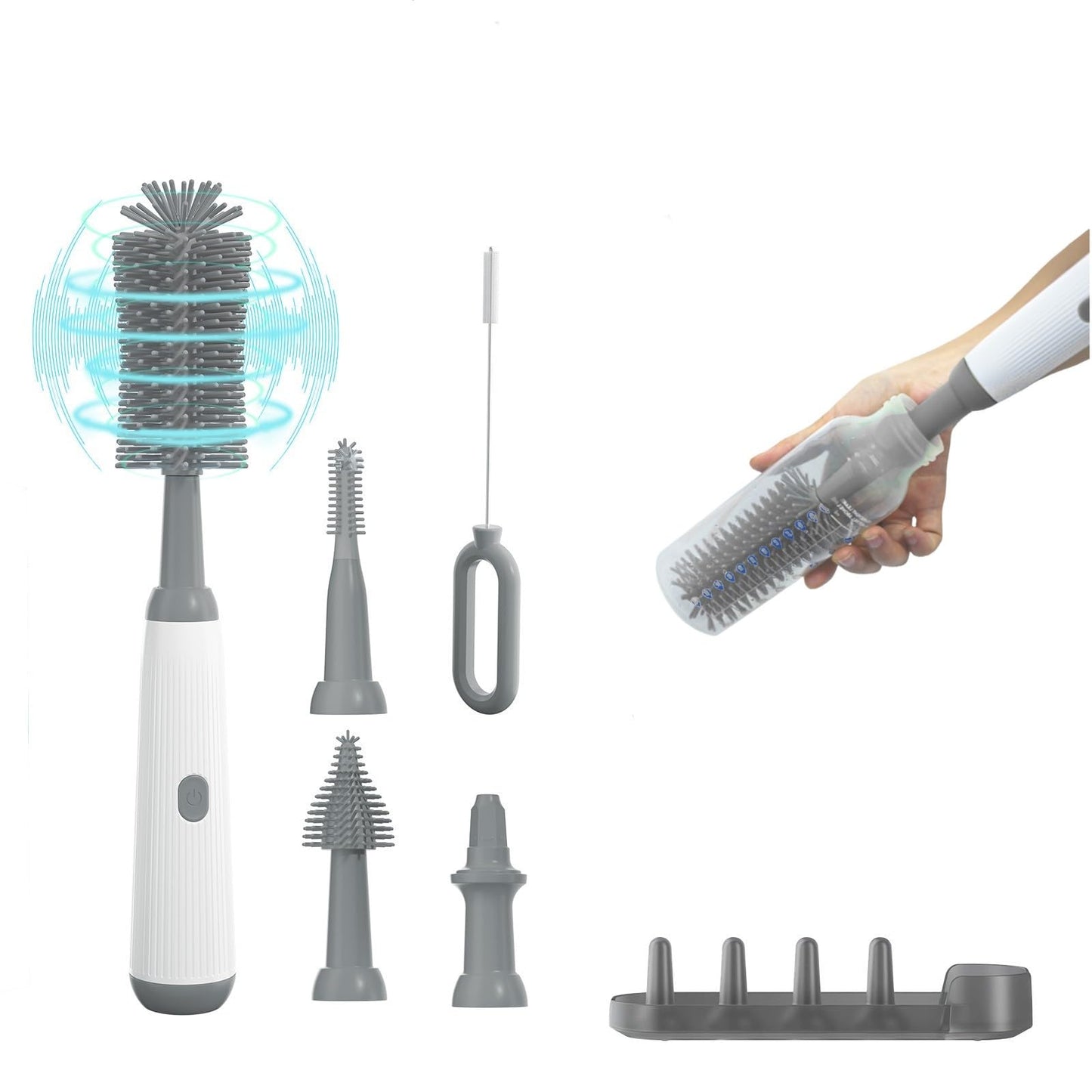 Electric Baby Bottle Brush Cleaner with Extended Handle & Drying Holder Baby Bottle Brush Set with Silicone Bottle/Nipple/Crevice/BrushStraw CleanerLifesaver Automatic Bottle CleanerGray
