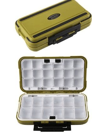 Tackle box fishing equipment case with multiple compartments for organized storage.