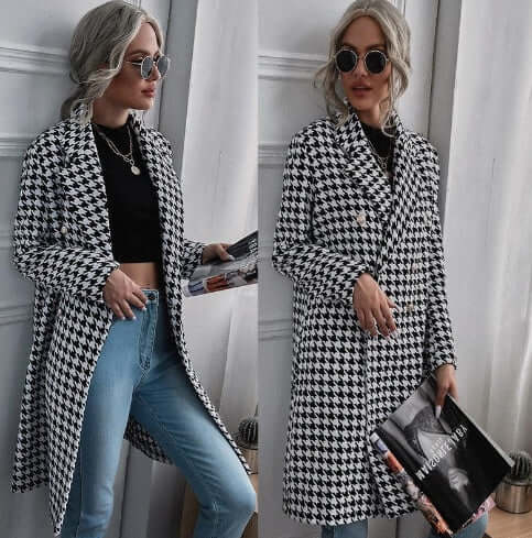 Plaid Blazer Long Wool Coat Women Woman