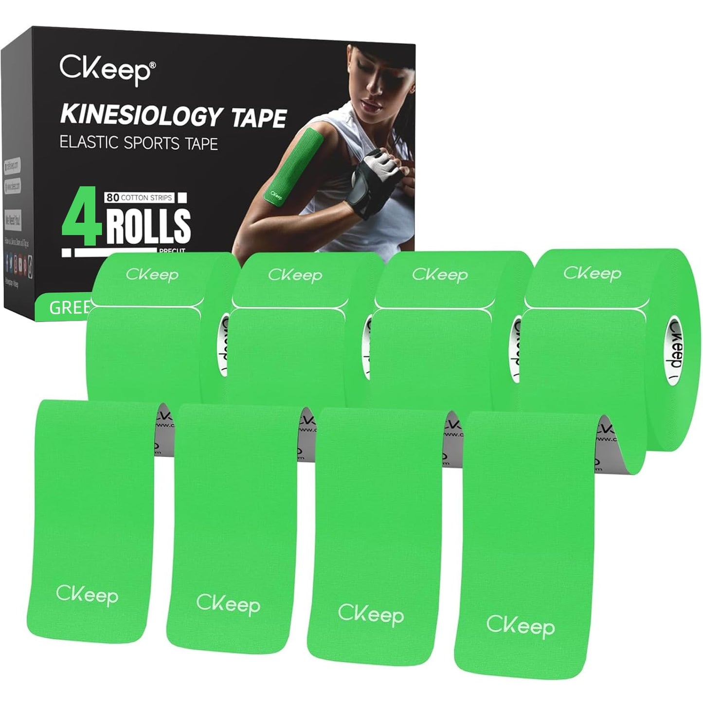 CKeep 4 Rolls Kinesiology Tape Original Cotton Elastic Athletic Tape 20 Precut 10" Strips Each Green Ideal for Muscle Support & Injury Prevention