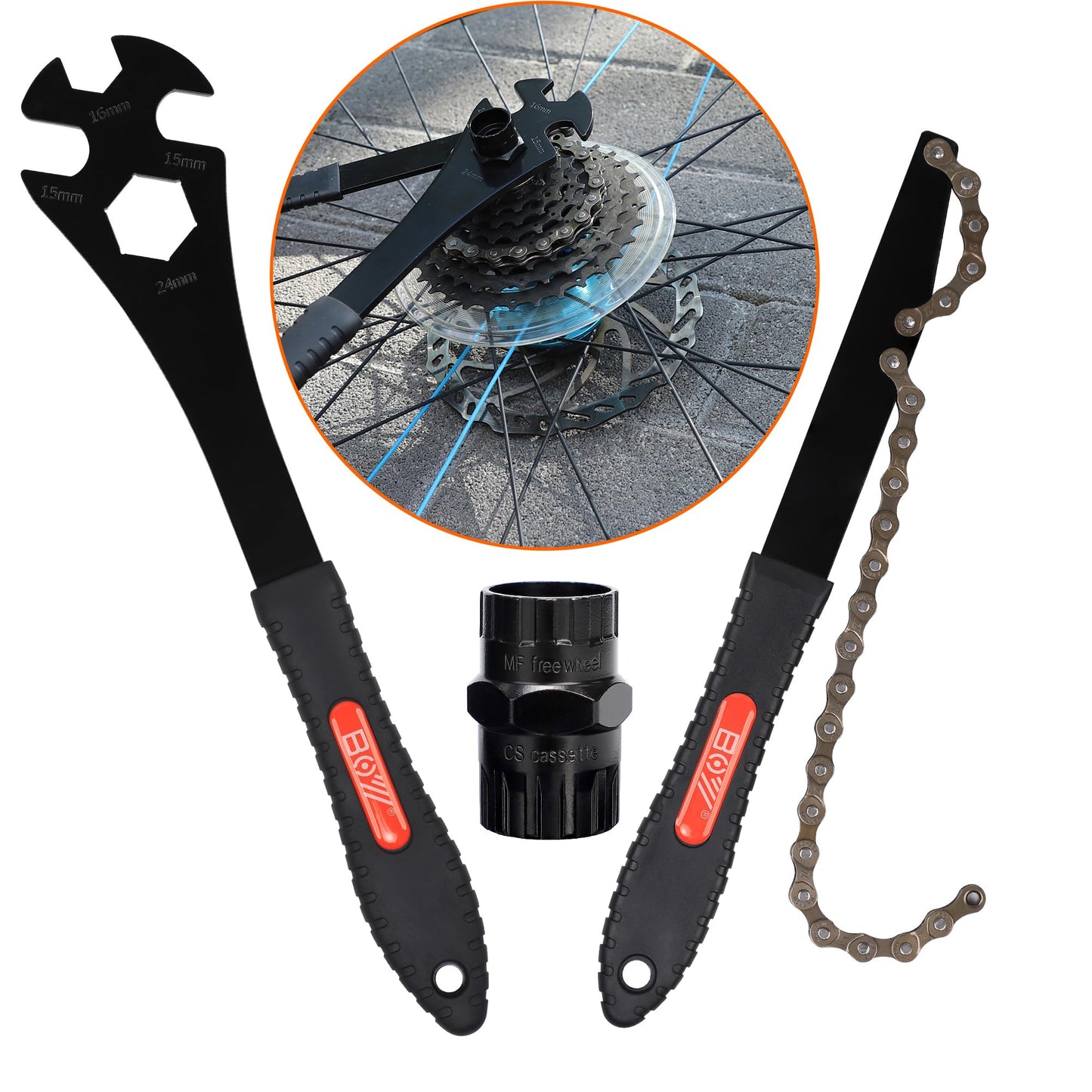 MatyKit Bike Freewheel & Cassette Removal Tool + Bicycle Chain Whip + Multifunction Pedal Wrench Removal Portable Bike Tools Bike Maintenance Repair Road Mountain Freewheel Removal Set
