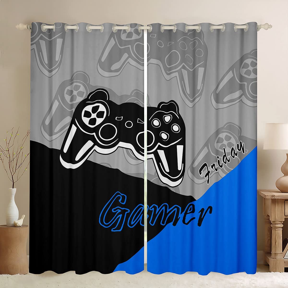 Feelyou Gamer Curtains for Bedroom Teens Boys Gaming Curtain Gamepad Home Decor Player Video Game Thermal Insulated Window Drapes Kids Grommet Treatment Black Blue Grey 52W X 63L 2 Panels