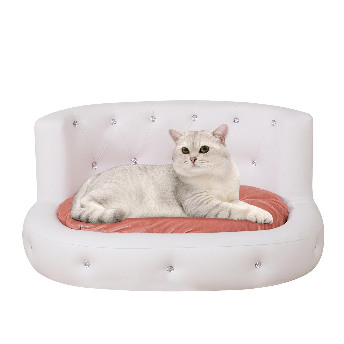 Pet Sofa Dog cat Bed OVA PVC Cat Bed Mini Animal Sleeping Bed Crystal Button Modern Pet Couch Bed (White)