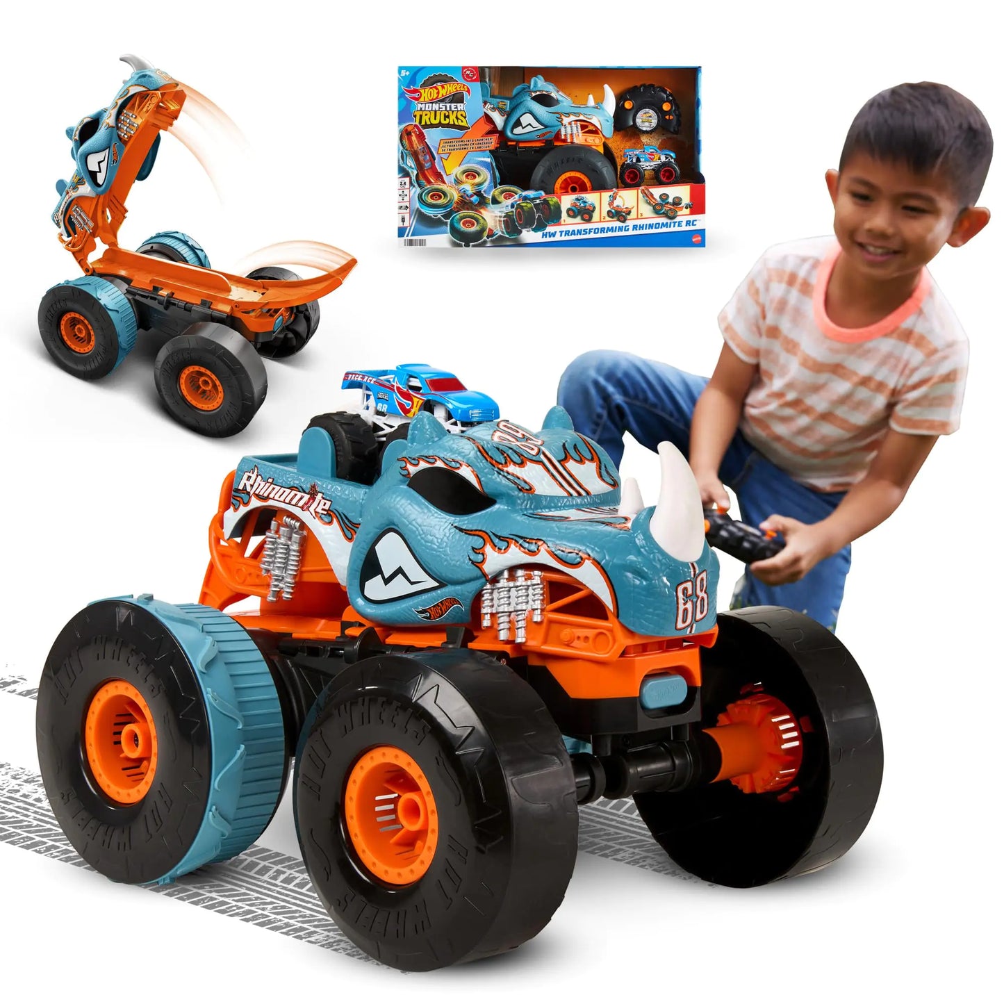 Hot Wheels Monster Trucks RC Toy Remote-Control Transforming Rhinomite in 1:12 Scale & 1:64 Scale Race Ace Converts into Launcher Connects to Track