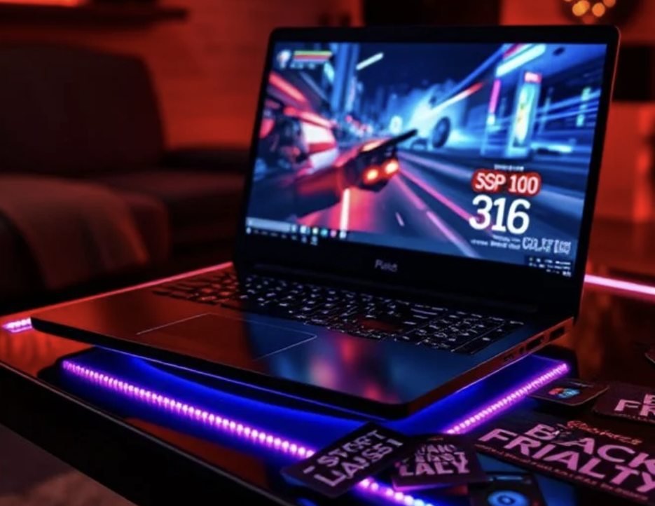 Sleek black laptop featuring Windows interface, perfect for computer electronics accessories.